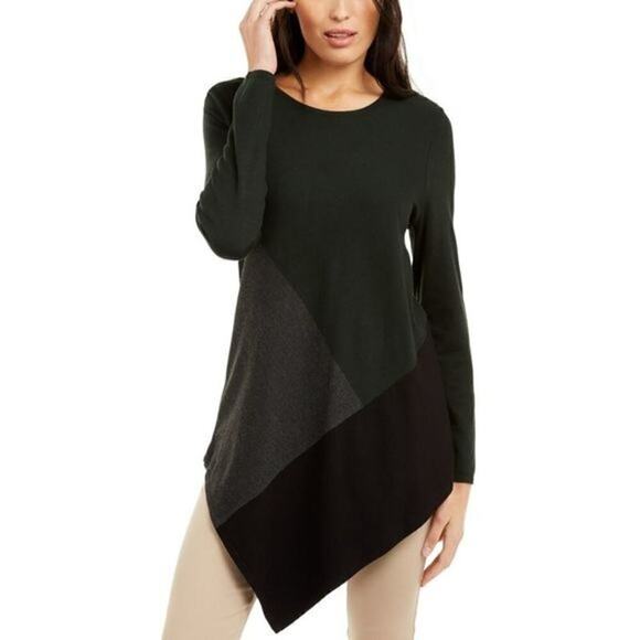 Alfani Womens Asymmetrical Color Block Dark Green Black Gray Sweater Sz M - Picture 1 of 6